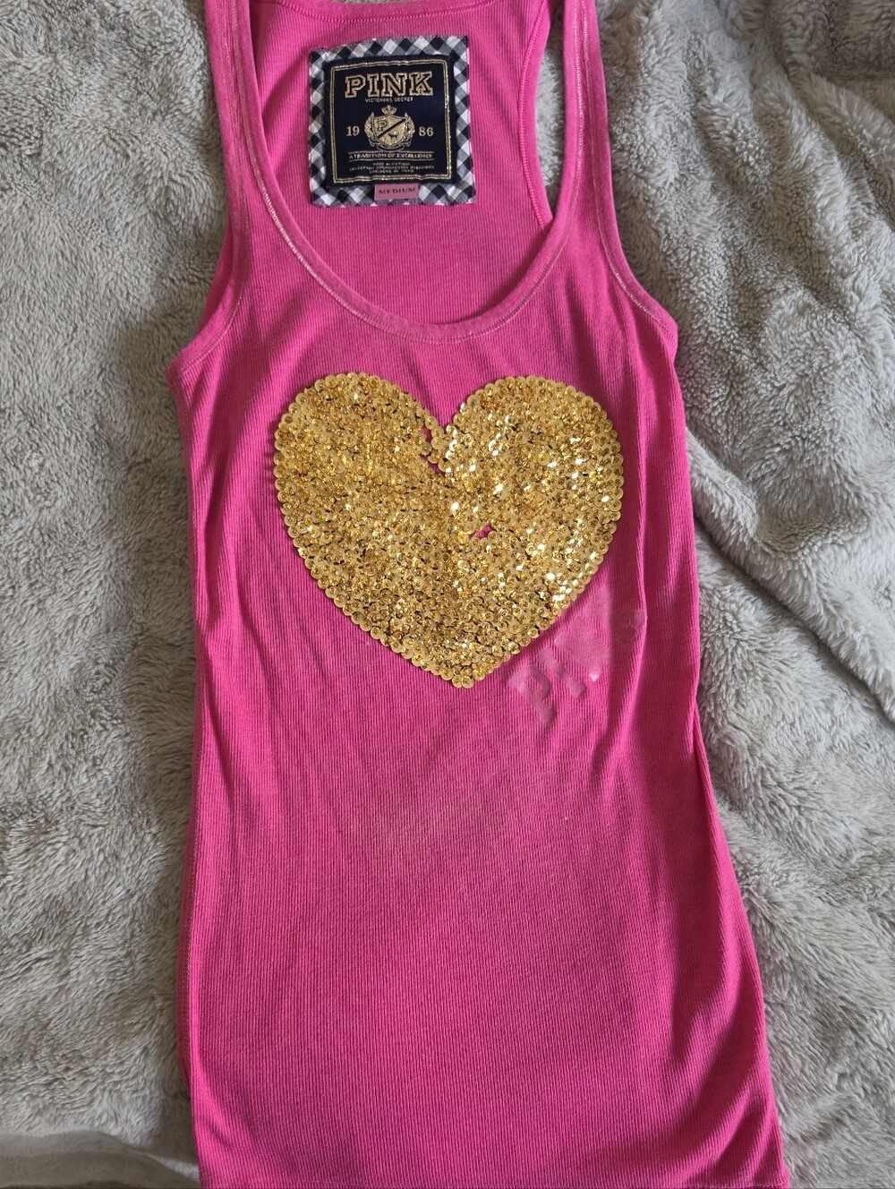 VINTAGE Victorias Secret Sequined Heart Pink Tank Top Size M